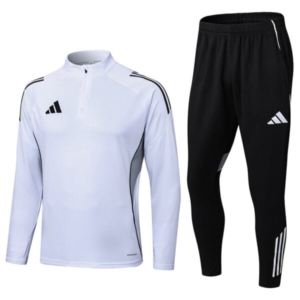 Adidas white tracksuit with black accents, perfect for sports and casual wear.
