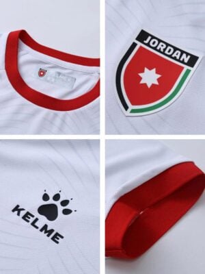 Authentic Jordan football jersey with red and white design, featuring team logo and sponsor branding.