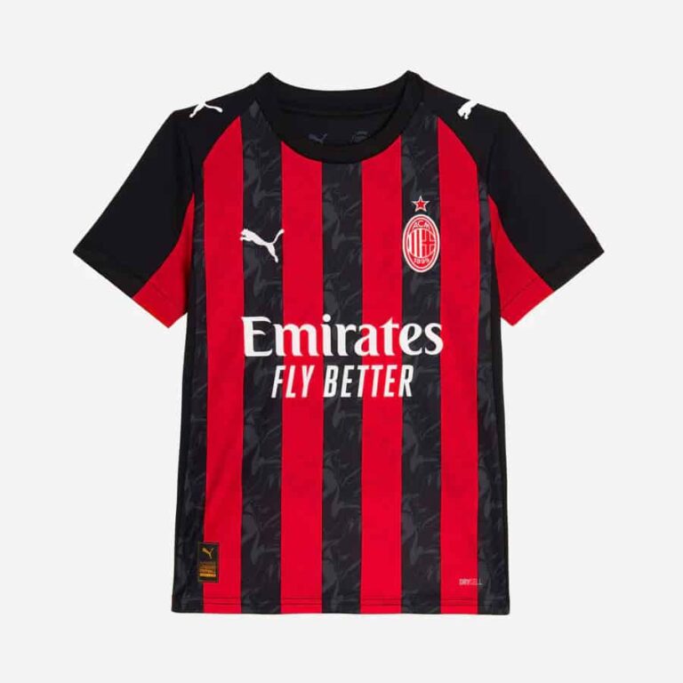 AC Milan Kids Home Football Kit 2025/26, authentic red and black jersey for young fans.