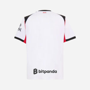 Football jersey with black, white, and red accents, featuring sponsor logos, ideal for soccer enthus.
