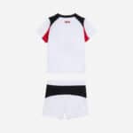 Kids Milan football jersey and shorts set, white with black and red accents, perfect for young fans.