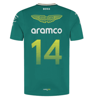 F1 team driver T-shirt featuring Aston Martin and Aramco logos, size 14, for Formula 1 fans.
