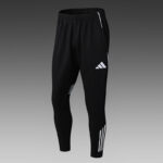 Black Adidas athletic pants with white logo and stripe details.