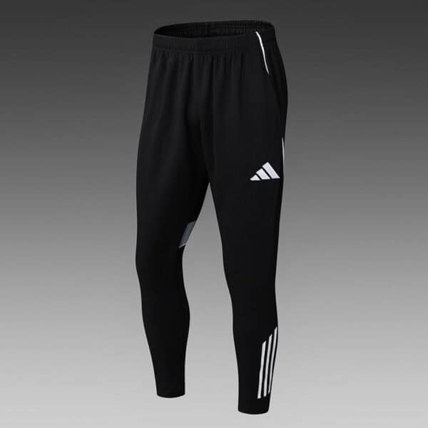 Black Adidas athletic pants with white logo and stripe details.
