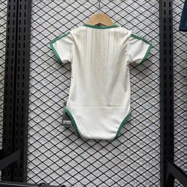 Algeria baby football jersey for infants, white with green accents, official team merchandise.