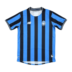 Soccer jersey with blue and black vertical stripes, NB logo on the right chest and a club crest on the left chest, short sleeves.
