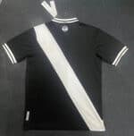 Black and white football jersey with diagonal stripe, short sleeves, and team logo for sports fans.