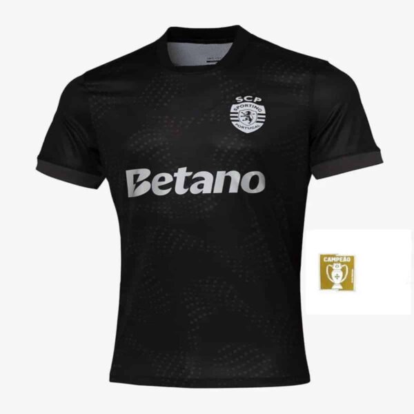 Sporting Lisbon away football jersey 2025/26, black with team logo and Betano sponsor.