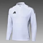 Adidas white sports tracksuit top with black accents and zip collar.