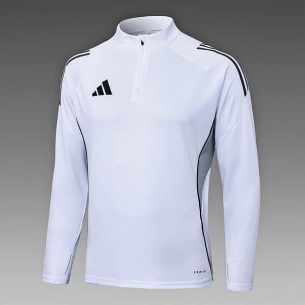 Adidas white sports tracksuit top with black accents and zip collar.