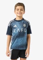 Bright blue kids football jersey with Al-Nassr logo and Ronaldo 7 print.