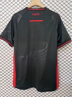 Albania third football jersey 2025/26 with black and red design, featuring "Shqipëri" on the back.