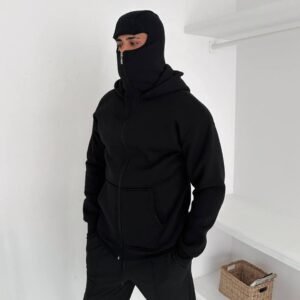 Full-Zip Hoodie with Built-In Mask – Black