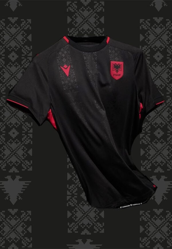 Albania third football jersey 2024/25 with black and pink design.