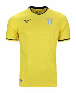 Lazio away football jersey 2024/25, yellow with team crest and Mizuno logo, perfect for fans and pla.