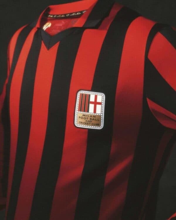 Milan FC authentic football jersey with red and black vertical stripes.