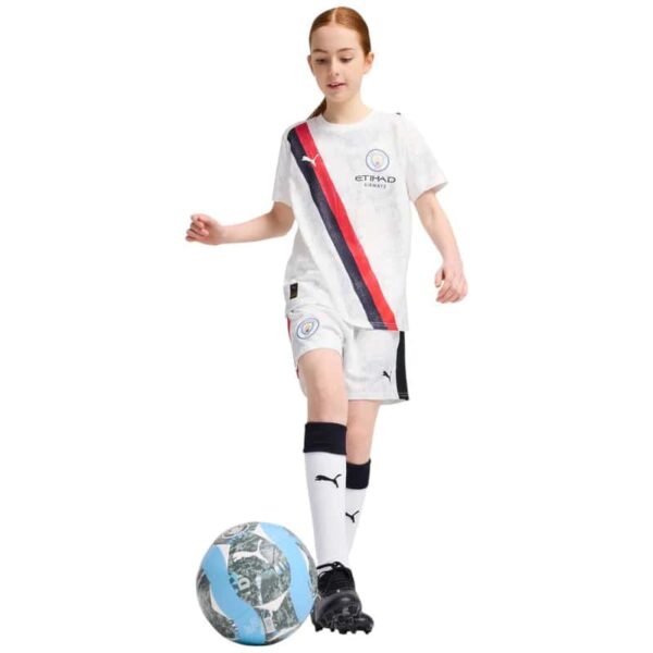 Kids Man City away football kit 2025/26 with jersey, shorts, and socks. Perfect for young fans and p.