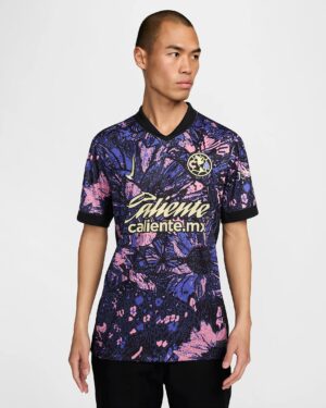 Third jersey for Club America 2024/25 season, featuring vibrant floral design in blue, pink, and pur.