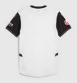 Football jersey with black sleeves, sponsor logos, and white body, perfect for sports fans.