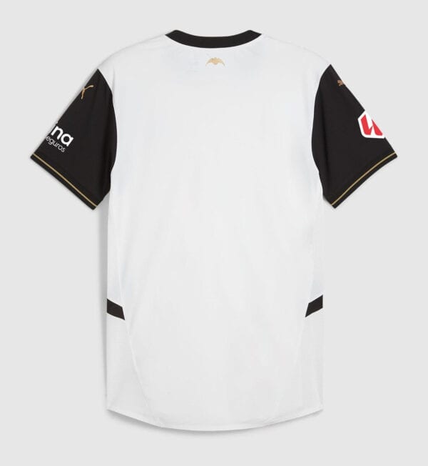 Football jersey with black sleeves, sponsor logos, and white body, perfect for sports fans.
