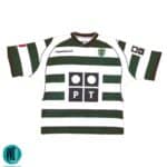 Authentic Sporting Lisbon 2023/24 home football jersey with Ronaldo 28, green and white stripes, off.
