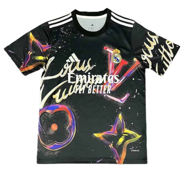 Authentic Real Madrid football jersey featuring artistic graphics and team logo, perfect for fans an.