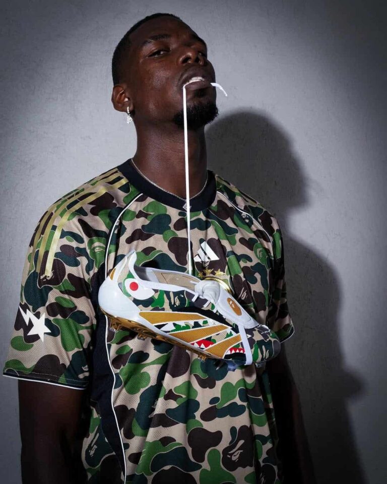 Adidas Bape FB Green Jersey with camouflage pattern and Bape branding.