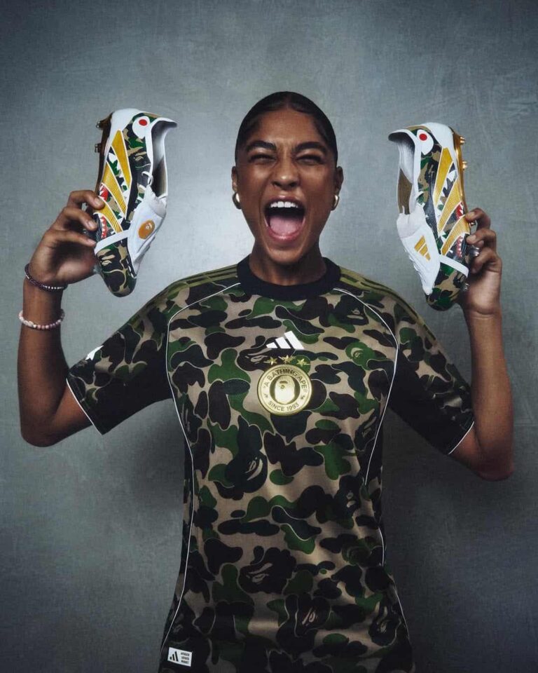 Adidas Bape FB Green Jersey with camouflage pattern and Bape logo.