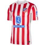 Atlético Madrid 2025/26 home football jersey with red and white vertical stripes.