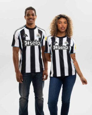 Newcastle United 2025/26 home football jersey with black and white stripes, official club logo, and.