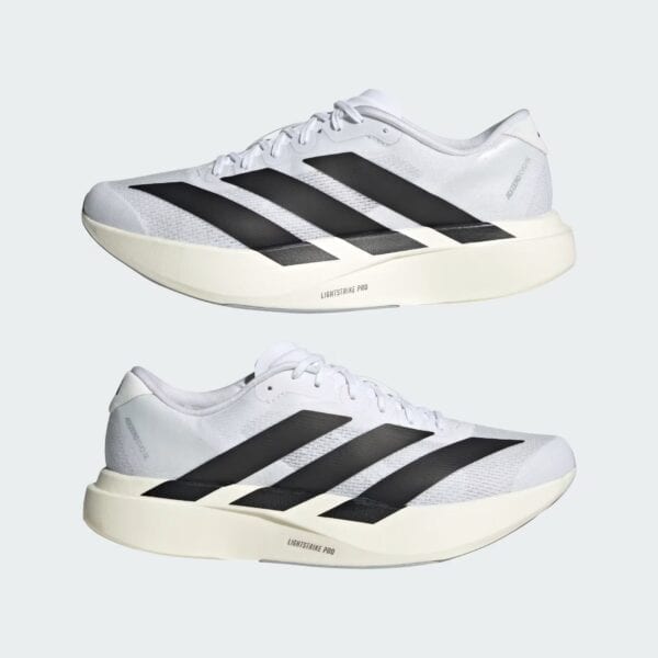 White Adidas running shoe in side profile with black three stripes and cream outsole, labeled LIGHTSTRIKE PRO.