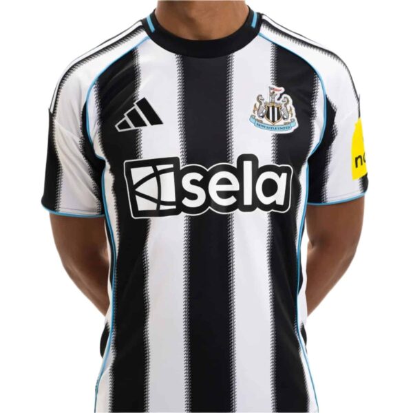 Newcastle United 2025/26 home football jersey with black and white vertical stripes, featuring club.