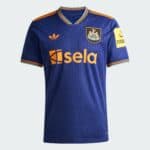 Blue Newcastle United football jersey with orange trim, crest on the chest, Adidas logo, and orange sponsor text across the front.