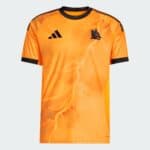 Orange sports jersey with black Adidas logo on the left chest and a black wolf crest, featuring a lightning pattern across the front and black trim on sleeves and collar