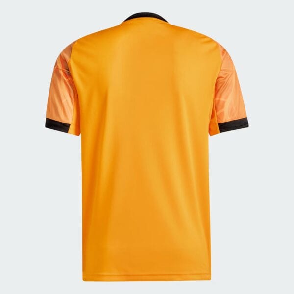 Authentic Roma away football jersey for 2025/26 season, vibrant orange design with black accents.