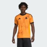 Authentic Roma away football jersey for 2025/26 season, vibrant orange with lightning design.