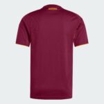 Back view of a maroon Roma football jersey with orange trim at the sleeves and the word 'ASROMA' in orange text at the neck.