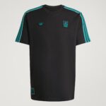 Black T-shirt with teal stripes along shoulders and sleeves, small teal Adidas trefoil logo on left chest and a teal Liverpool crest on the right chest