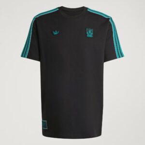 Black T-shirt with teal stripes along shoulders and sleeves, small teal Adidas trefoil logo on left chest and a teal Liverpool crest on the right chest