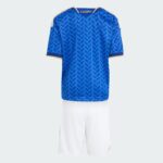 Blue patterned athletic jersey with cream trim on sleeves, displayed on a white mannequin against a pale background.