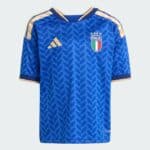 Blue Italy national team goalkeeper jersey with Adidas logo and crest, beige trim on sleeves and collar, leaf-like pattern