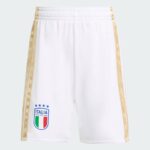 White athletic shorts with gold side piping and an Italia logo on the left leg.