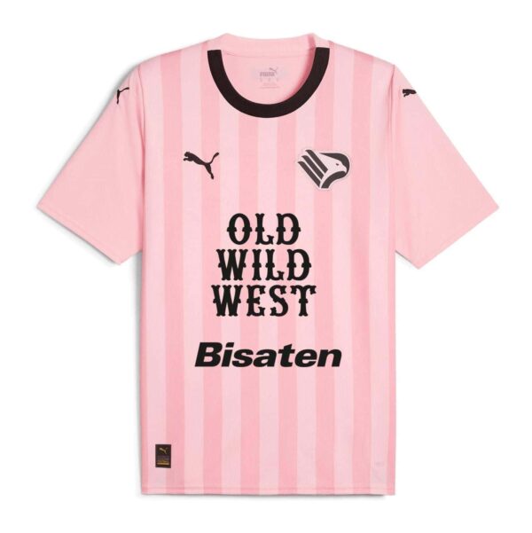 Palermo F.C. home jersey 2023/24 with pink stripes and team logos.