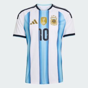 Front view of an Argentina-style soccer jersey: white with light blue vertical stripe, crest on the left chest, and a FIFA World Champions 2022 badge in gold on the center stripe, against a light background.