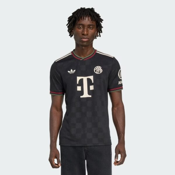 Authentic Bayern Munich third football jersey 2025/26 season, black with red accents, featuring club.