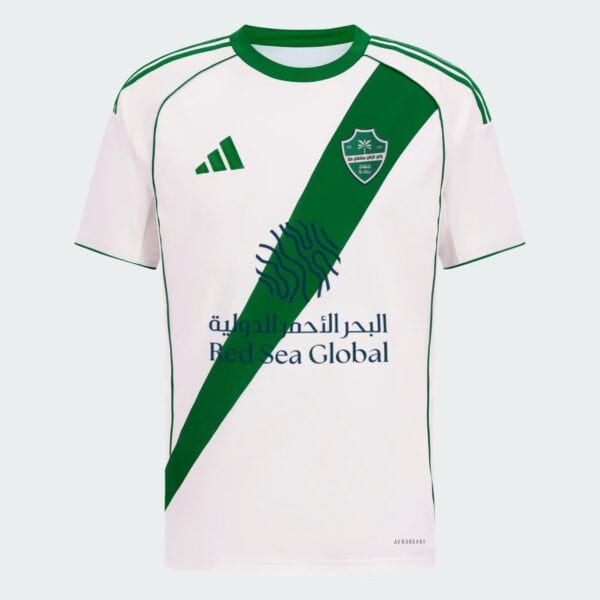 Authentic Al-Ahli Saudi away football jersey for 2025/26 season. Features team crest, green diagonal.
