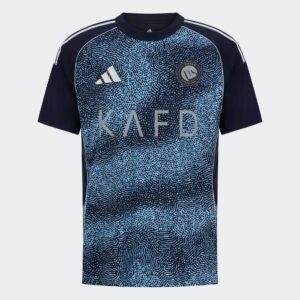 Al Nassr away football jersey 2025/26 with blue digital pattern and team logo.
