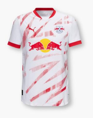 Leipzig 2024/25 home football jersey with Red Bull logo, white and red design, Puma brand.