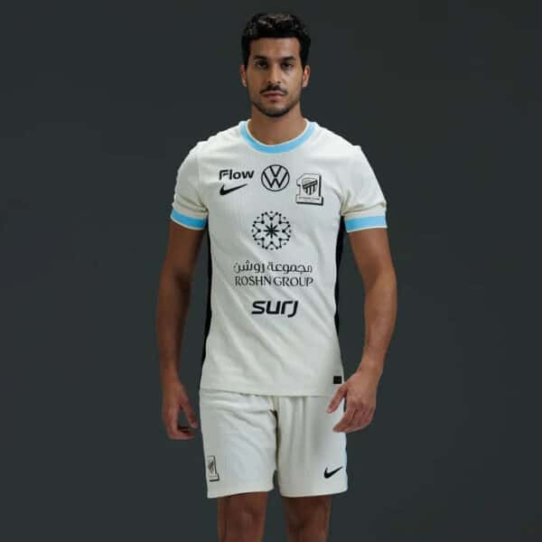 Authentic Al-Ittihad football jersey for 2025/26 season, featuring sponsor logos and team design.