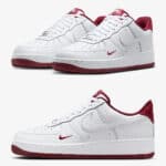 White and red Nike Air Force Low sneakers for men.